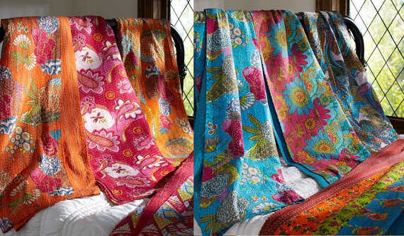 Floral print kantha throw