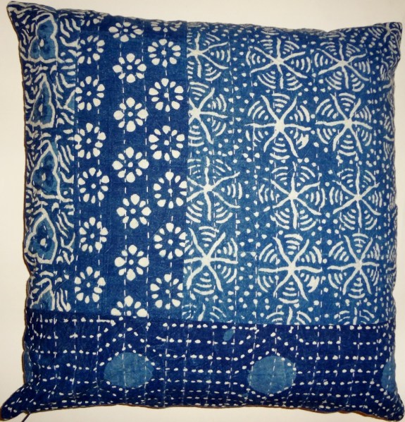 100% cotton sheeting block printed and kantha stitched pillow covers. Set of two. No two exactly alike, but very similar. 20" x 20". Bottom zipper closure. Made in India. $40
