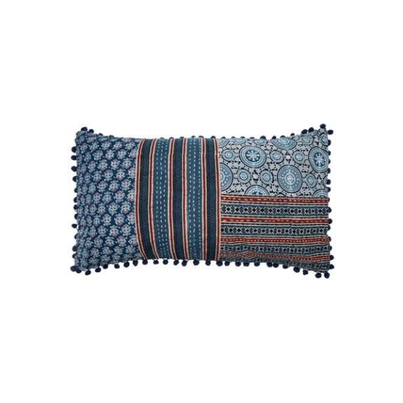 IND100 patchwork block print with pom poms